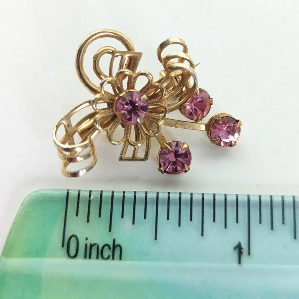 Vintage Estate Gold Tone Prong Set Pink Rhinestone Floral Bow Burst Brooch